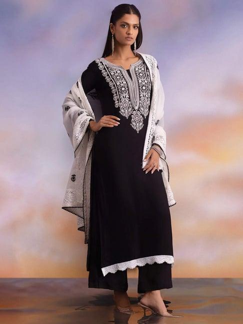 soch black muslin floral embroidered unstitched dress material with dupatta