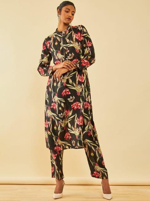 soch black muslin floral printed co-ord set with cutdana work