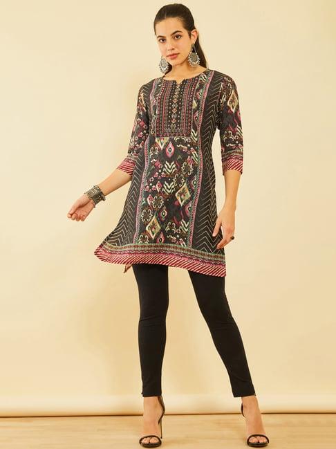 soch black poly muslin chevron ethnic printed kurta with cutdana