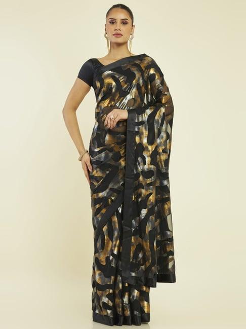 soch black printed saree with unstitched blouse