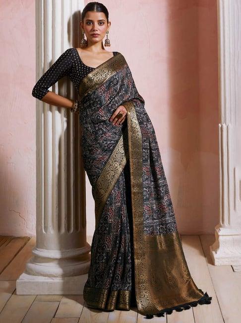 soch black printed saree with unstitched blouse