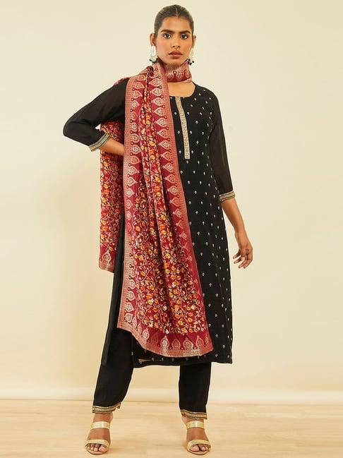 soch black silk blend embroidered suit set with zari woven dupatta