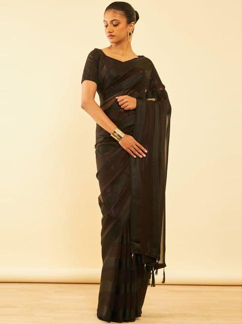 soch black striped saree with unstitched blouse