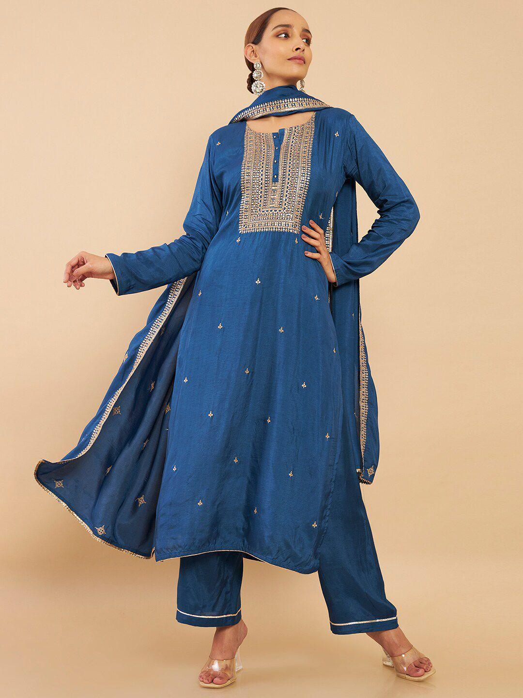 soch blue & gold-toned embroidered art silk unstitched dress material
