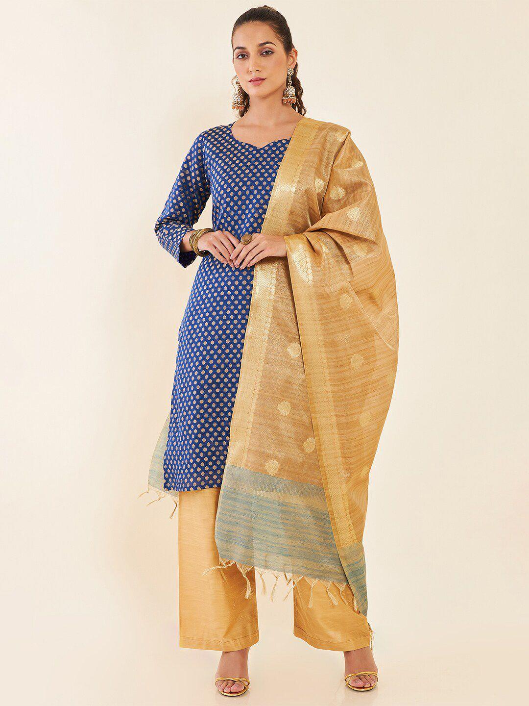 soch blue & gold-toned woven design zari unstitched dress material