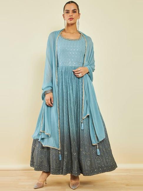 soch blue & grey embellished kurta leggings set with dupatta