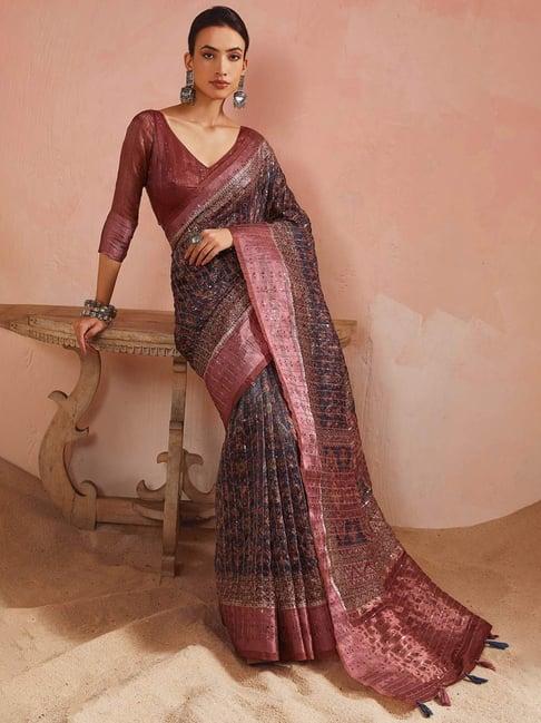 soch blue & rust embellished saree with unstitched blouse