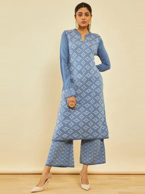 soch blue acrylic geometric pattern knitted winter straight kurta set