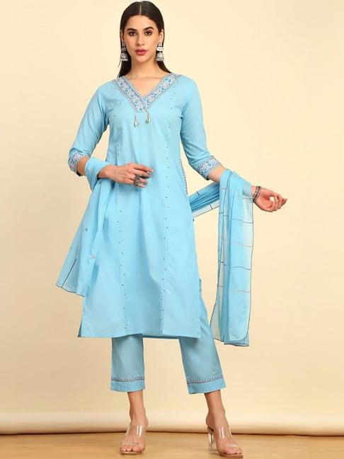 soch blue cotton embroidered kurta pant set with dupatta