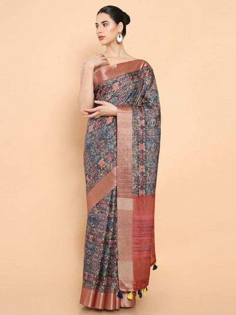 soch blue cotton floral print saree with unstitched blouse