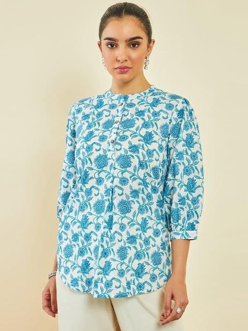 soch blue cotton floral print tunic with puff sleeves