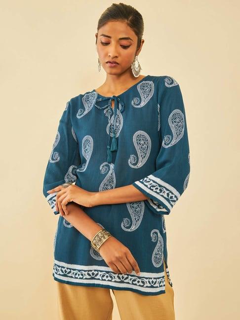soch blue crepe paisley printed tunic with tassels