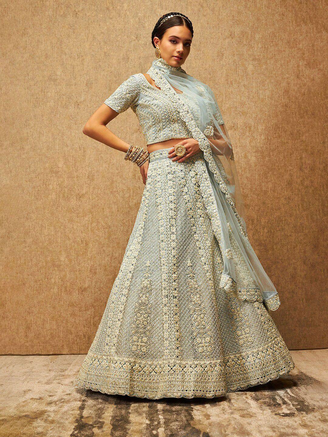 soch blue embellished beads & stones unstitched lehenga & blouse with dupatta