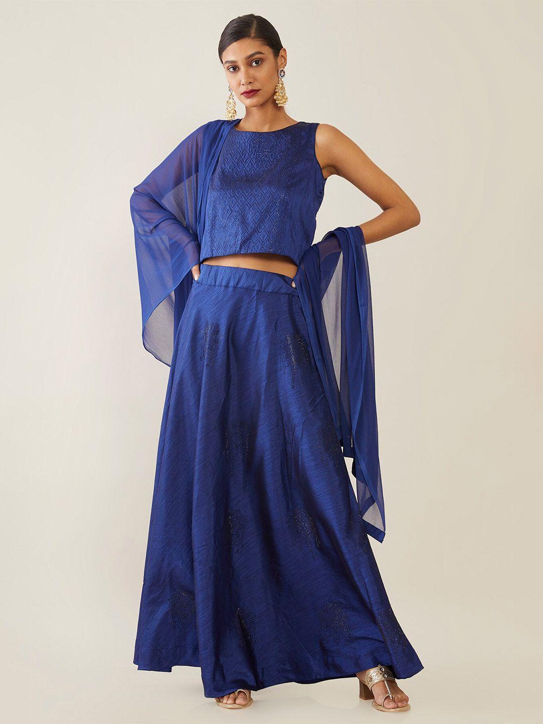 soch blue embellished beads and stones semi-stitched lehenga & blouse with dupatta