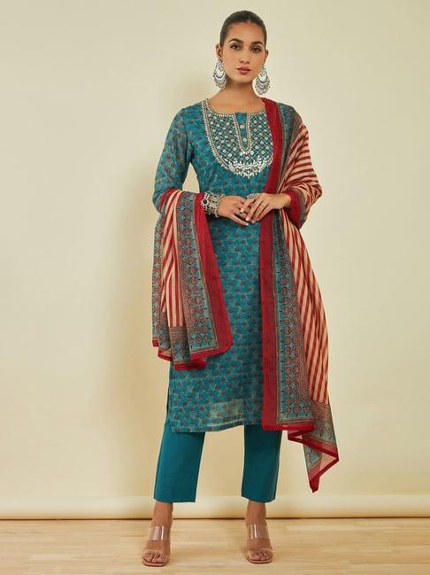 soch blue embellished kurta pant set with dupatta