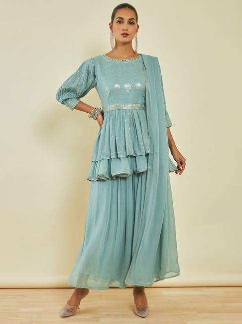 soch blue embellished kurti palazzo set with dupatta