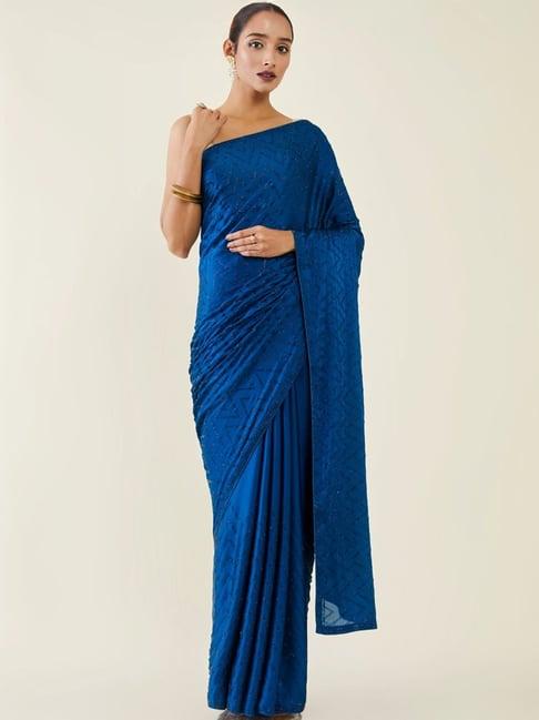 soch blue embellished saree with unstitched blouse