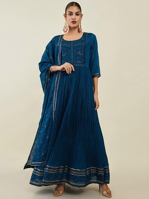 soch blue embroidered gown churidar set with dupatta