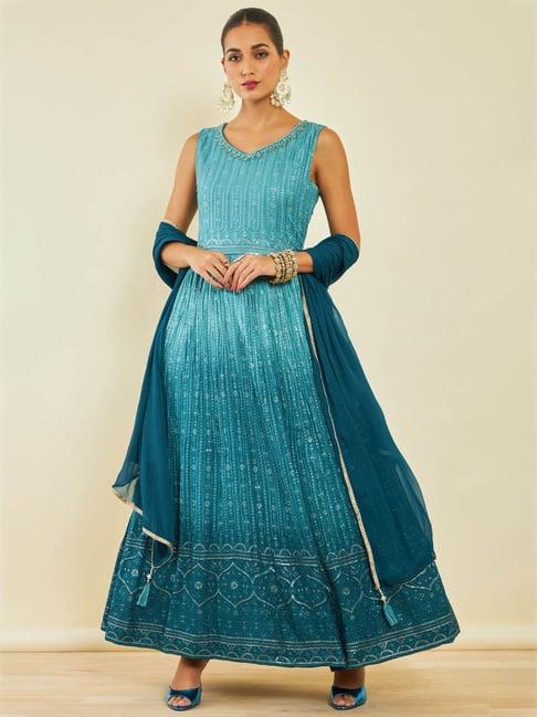 soch blue embroidered kurta churidar set with dupatta