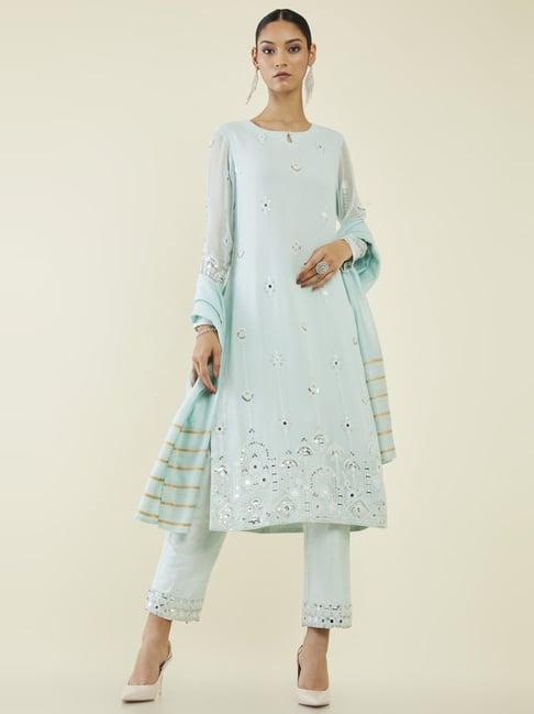 soch blue embroidered kurta pant set with dupatta