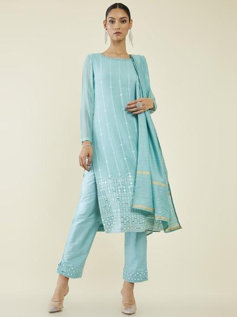 soch blue embroidered kurta pant set with dupatta