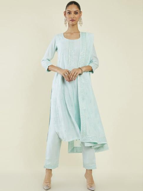 soch blue embroidered kurta pant set with dupatta