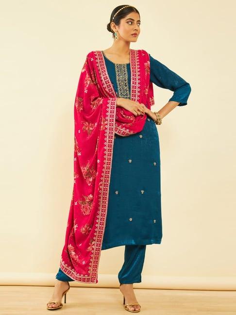 soch blue embroidered kurta pant set with dupatta