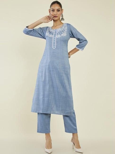 soch blue embroidered kurta pant set