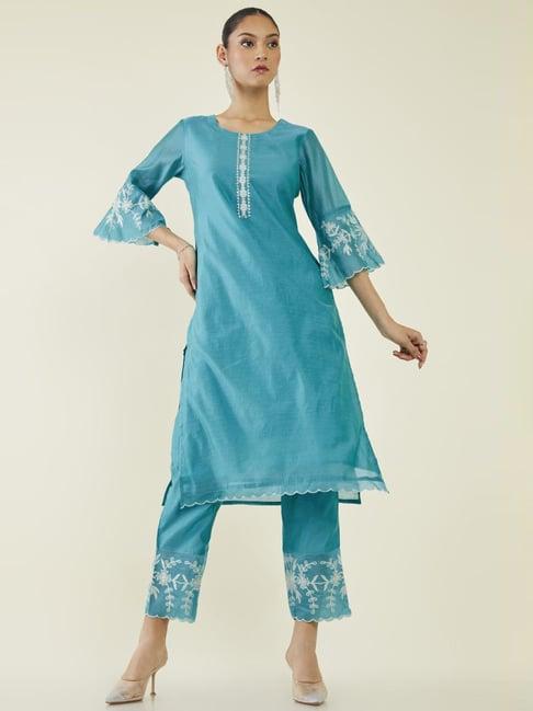 soch blue embroidered kurta pant set