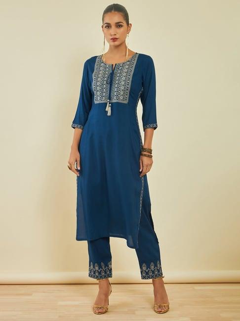 soch blue embroidered kurta pant set