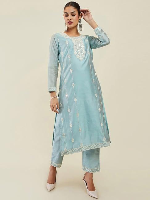 soch blue embroidered kurta pant set