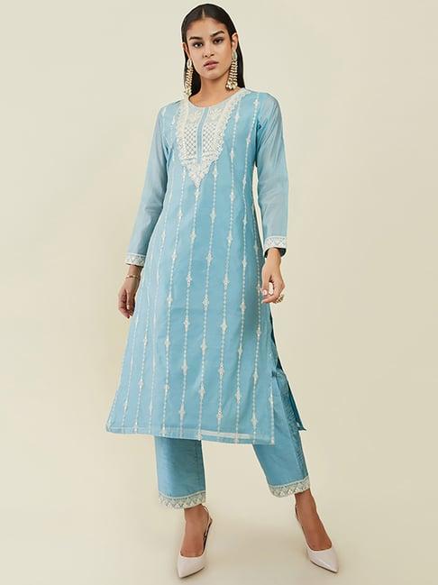 soch blue embroidered kurta pant set