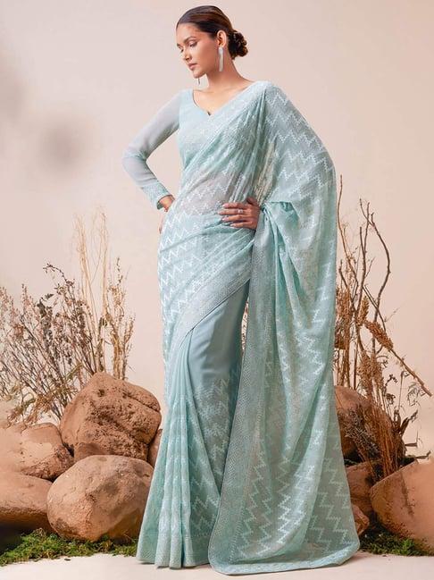 soch blue embroidered saree with unstitched blouse