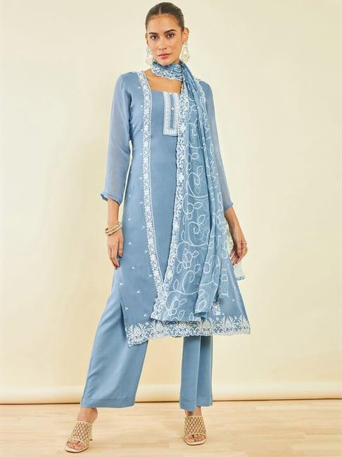 soch blue embroidered unstitched dress material