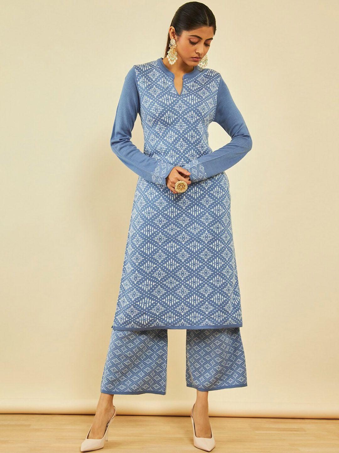 soch blue ethnic printed band collar regular acrylic kurta with palazzos