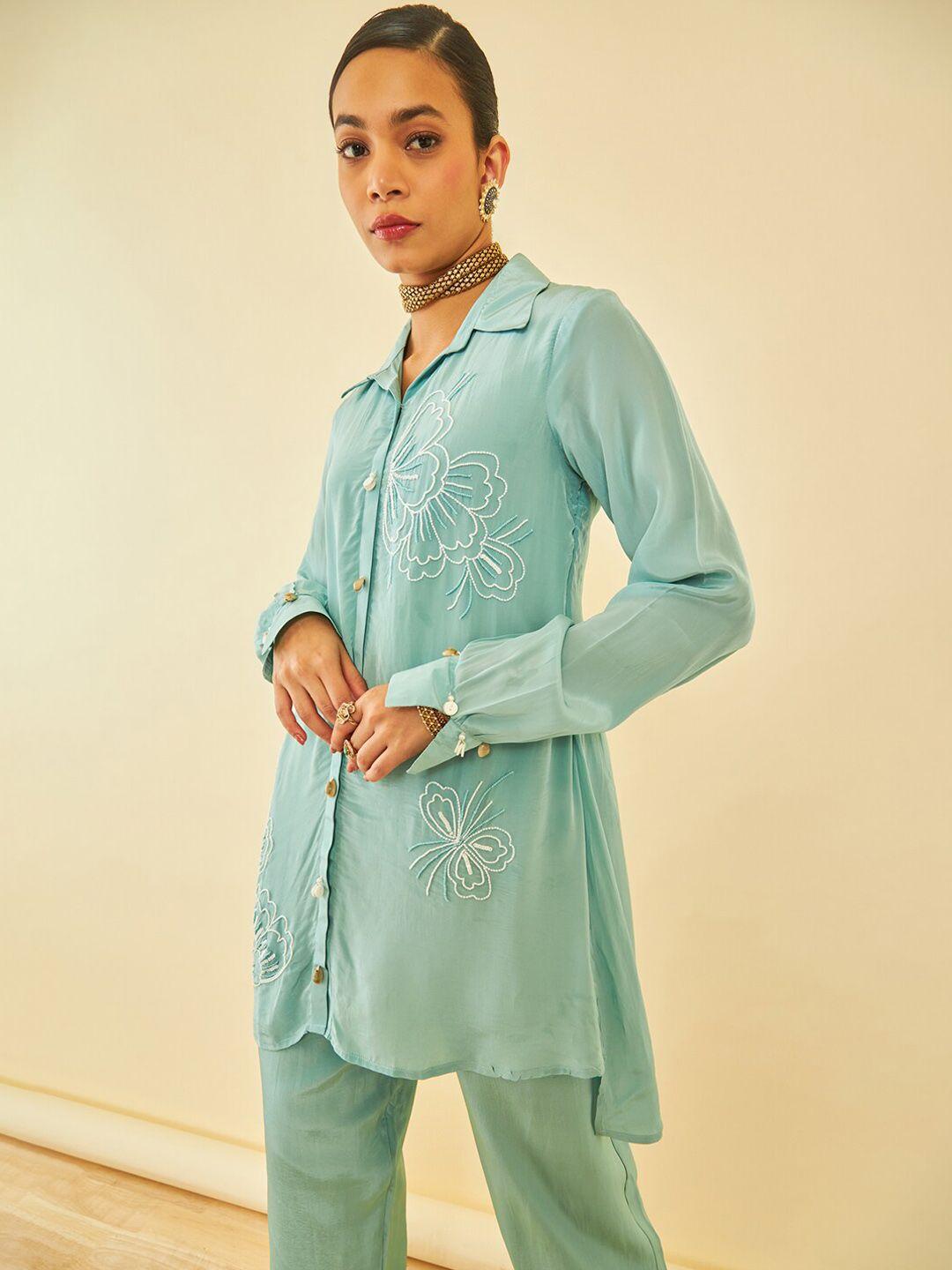 soch blue floral embroidered ethnic tunic with trousers