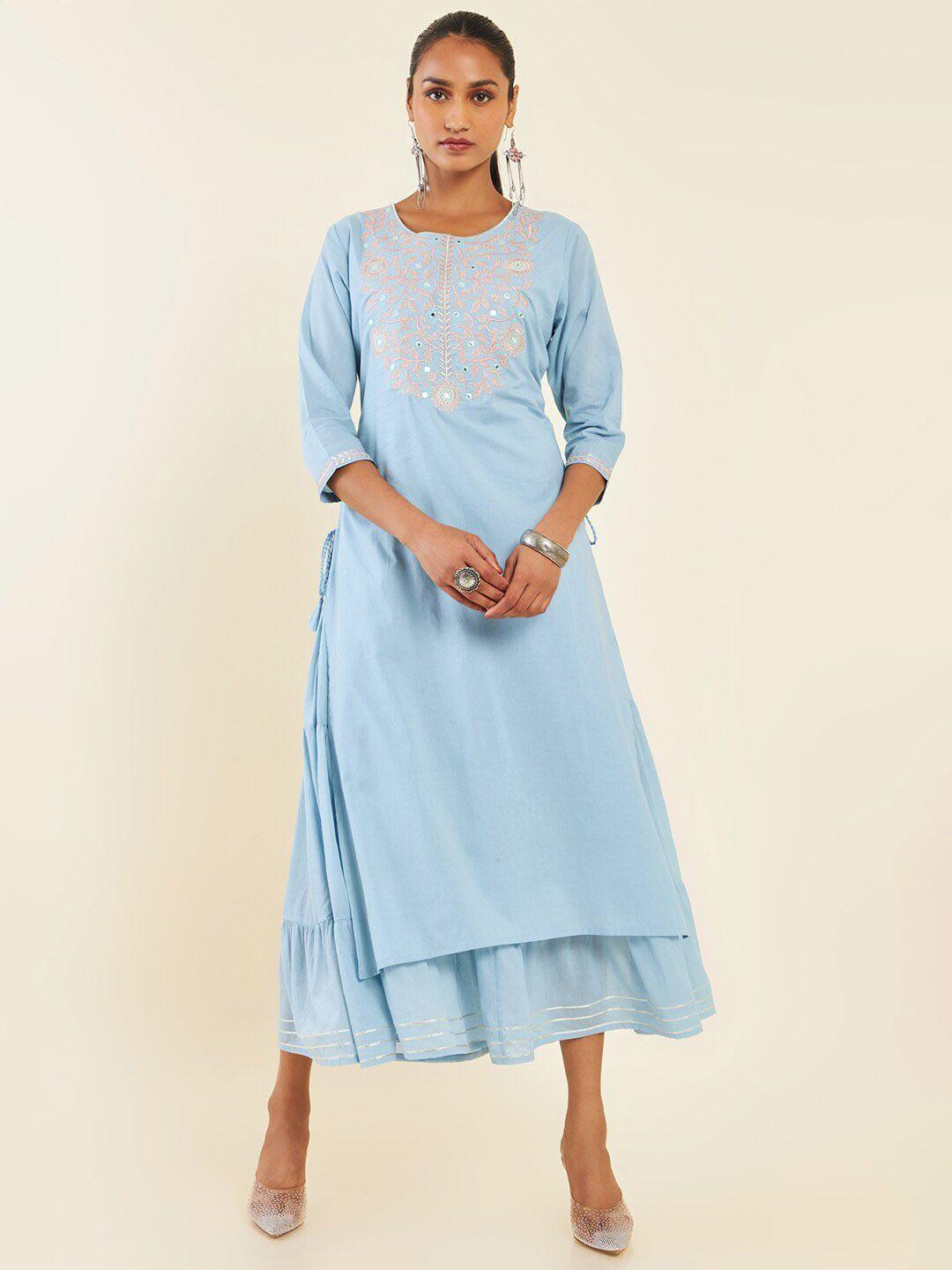 soch blue floral embroidered layered cotton a-line ethnic dress