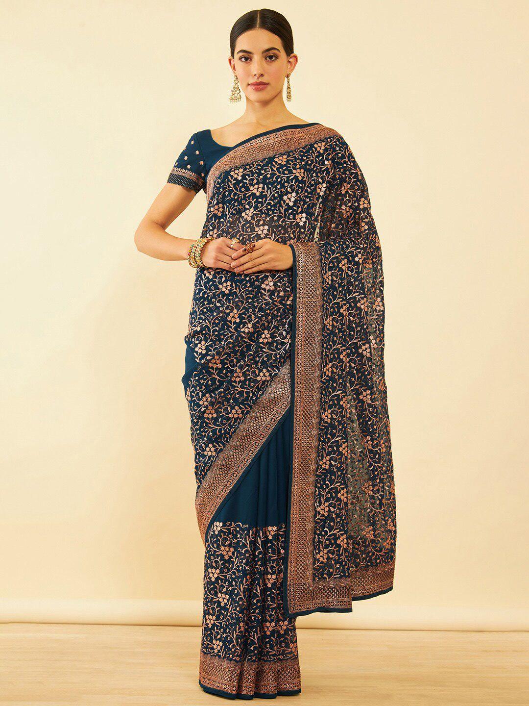 soch blue floral embroidered pure chiffon saree