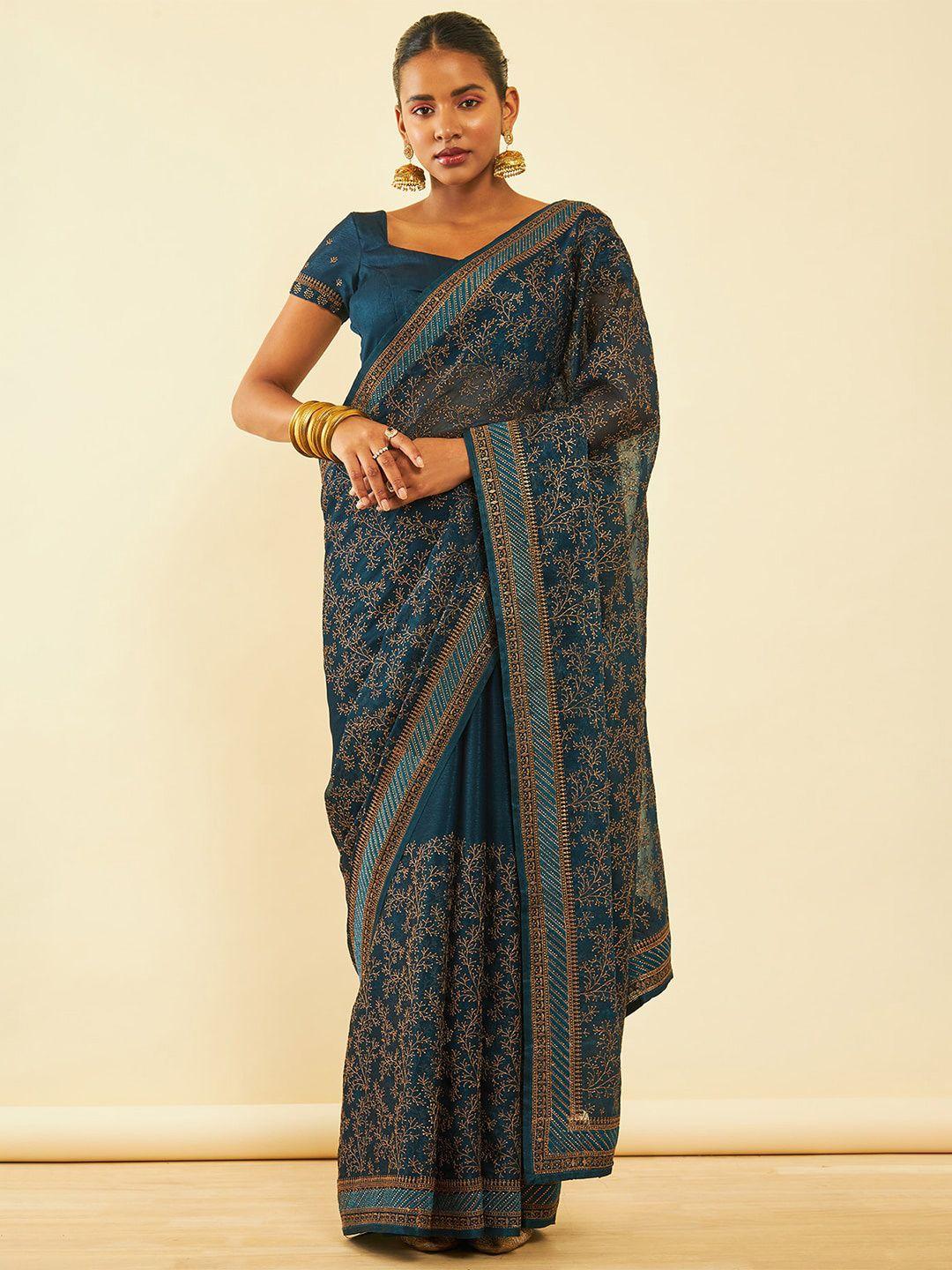 soch blue floral embroidered zari pure chiffon saree