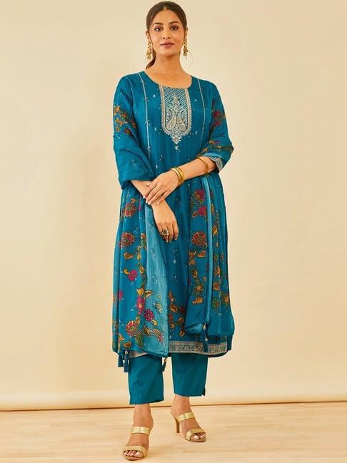 soch blue floral print kurta pant set with dupatta