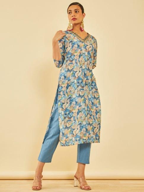 soch blue floral print kurta pant set