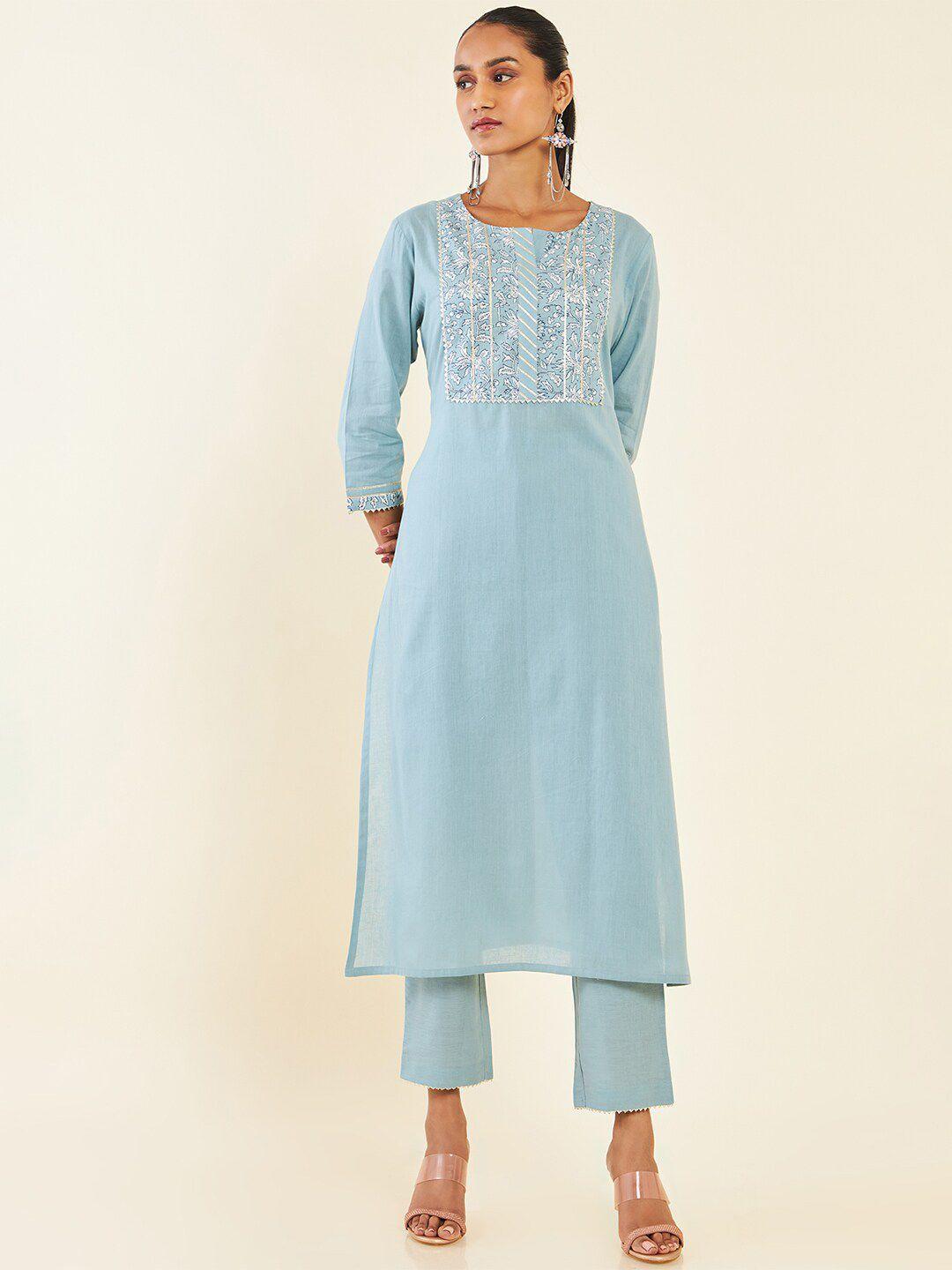 soch blue floral yoke design gotta patti pure cotton straight kurta with trousers