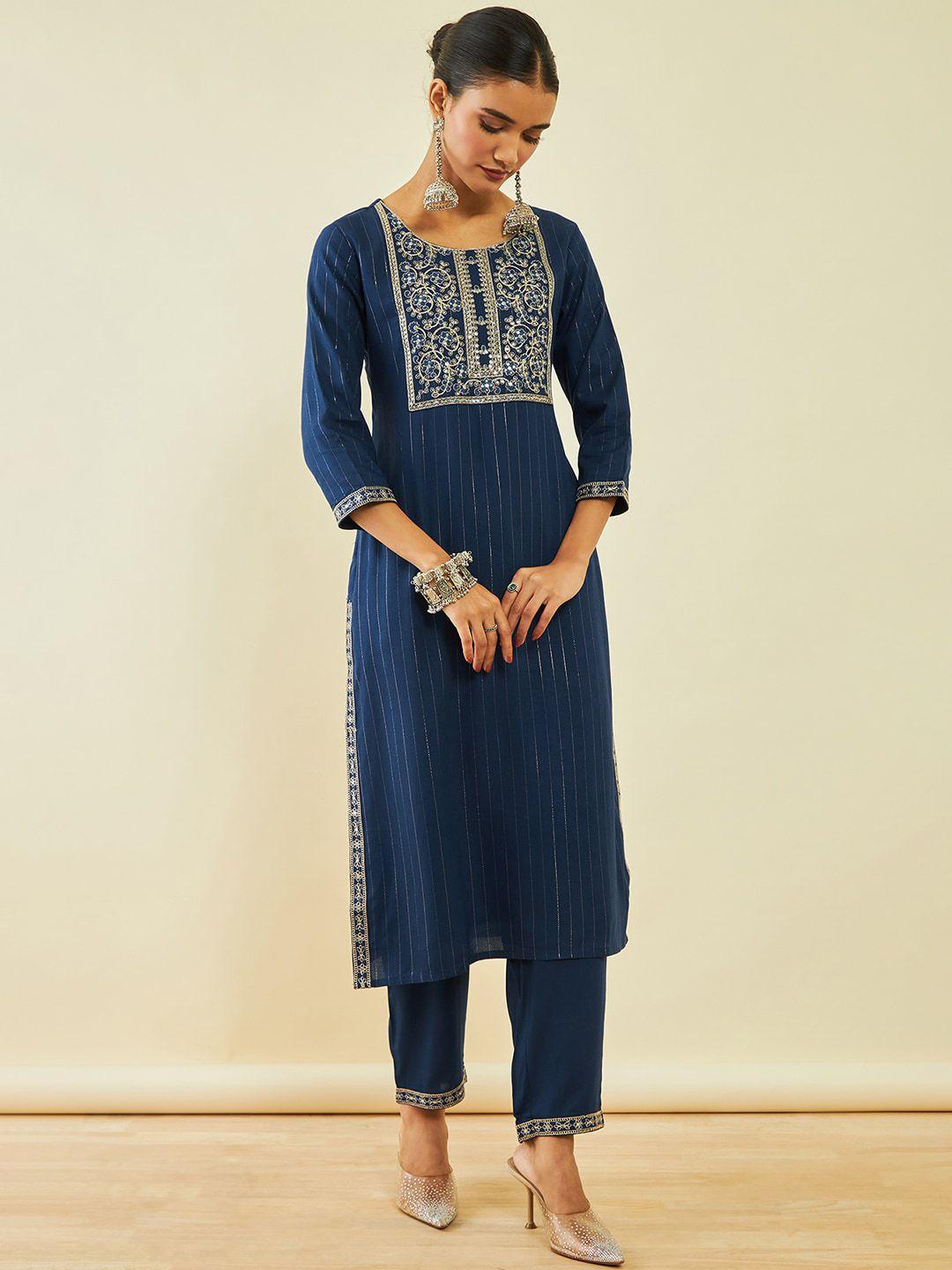 soch blue floral yoke design regular sequinned kurta with trousers