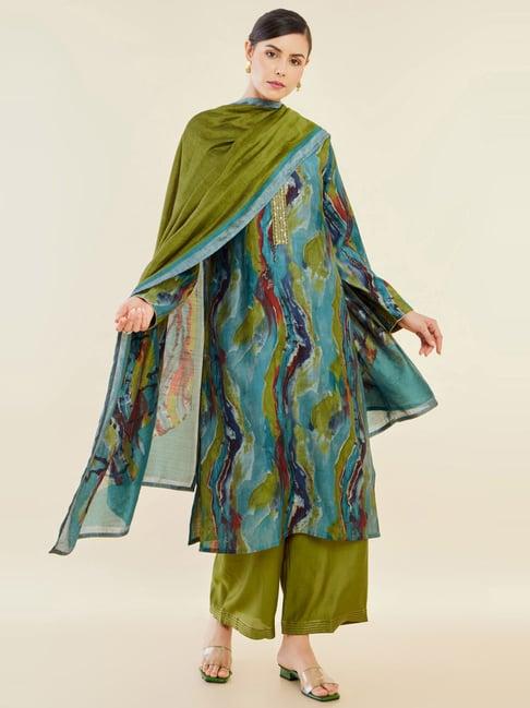 soch blue green cotton printed kurta palazzo set with dupatta