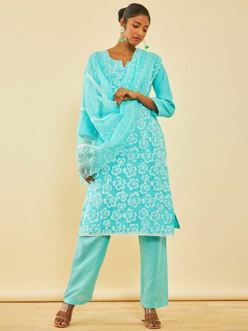 soch blue kota embroidered unstitch dress material with thread work