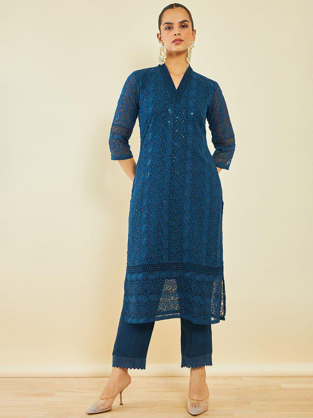 soch blue paisey embroidered thread work straight kurta & trousers with dupatta