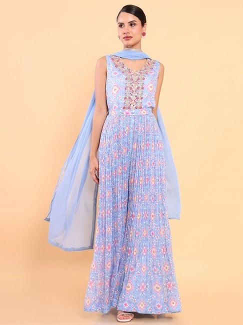 soch blue printed jumpsuit with dupatta