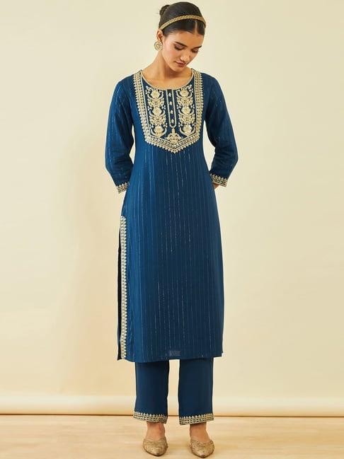 soch blue rayon embroidered straight kurta set with sequin embellishments