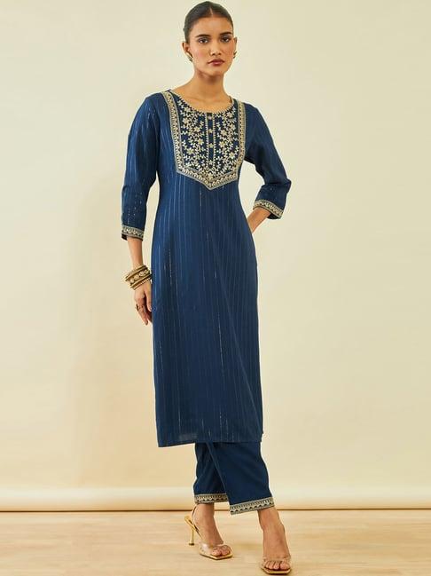 soch blue rayon floral embroidered round-neck straight kurta set