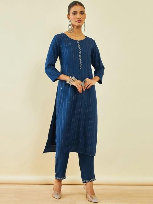 soch blue rayon mukaish work round-neck straight kurta sets with pocket